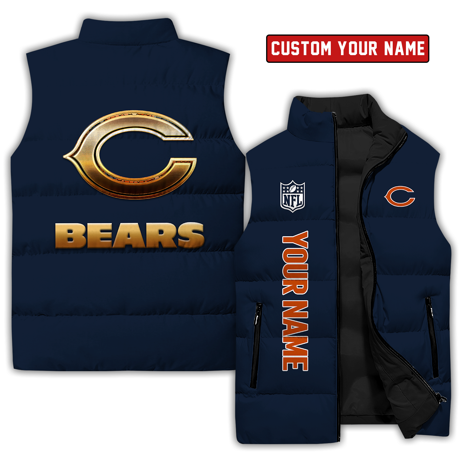 Chicago Bears-Golden NFL 32 Teams Personalized Sleeveless Down Vest-SP29092306DS07