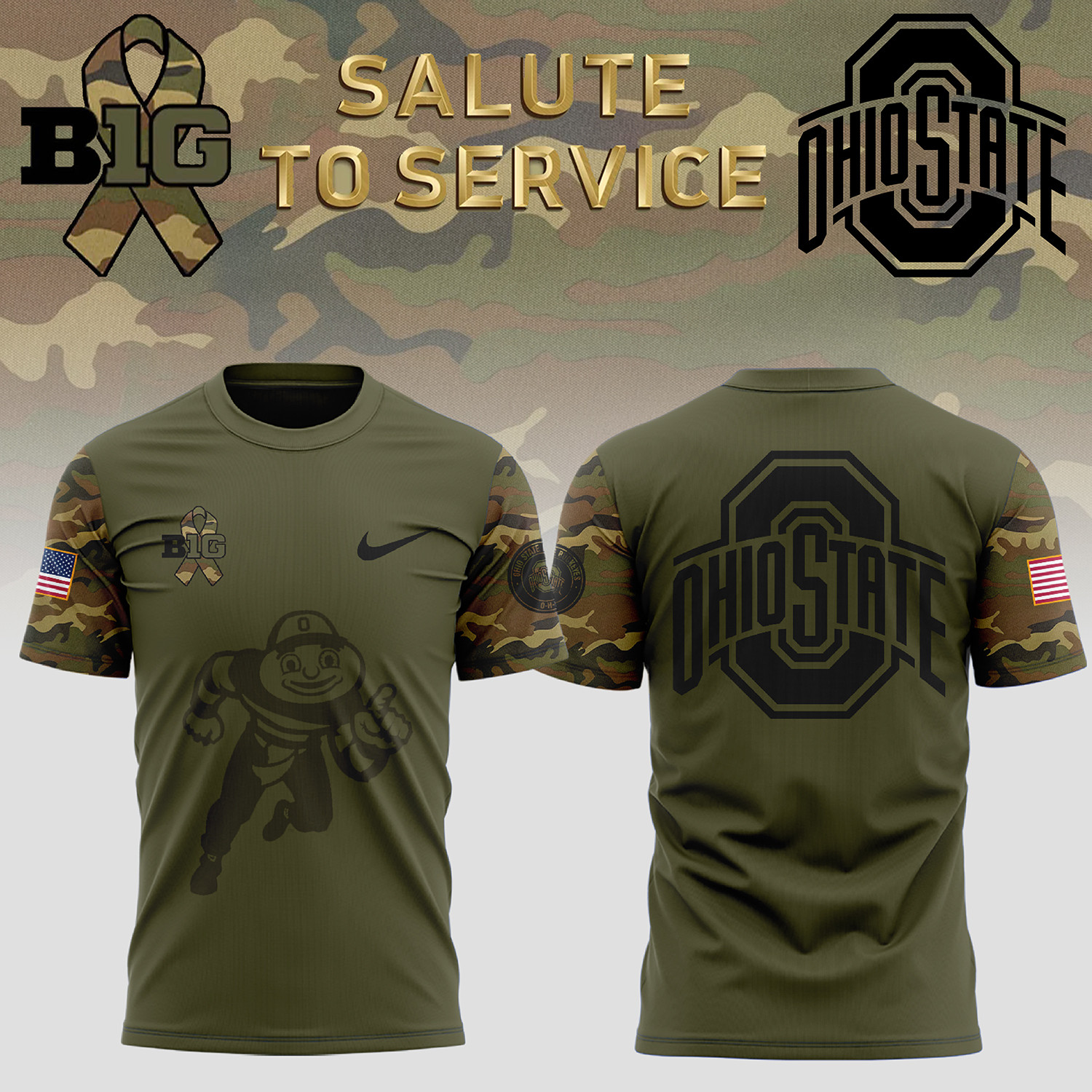Men’s Ohio State Buckeyes Nike Camo 2024 Salute to Service Club Fleece Pullove TShirt