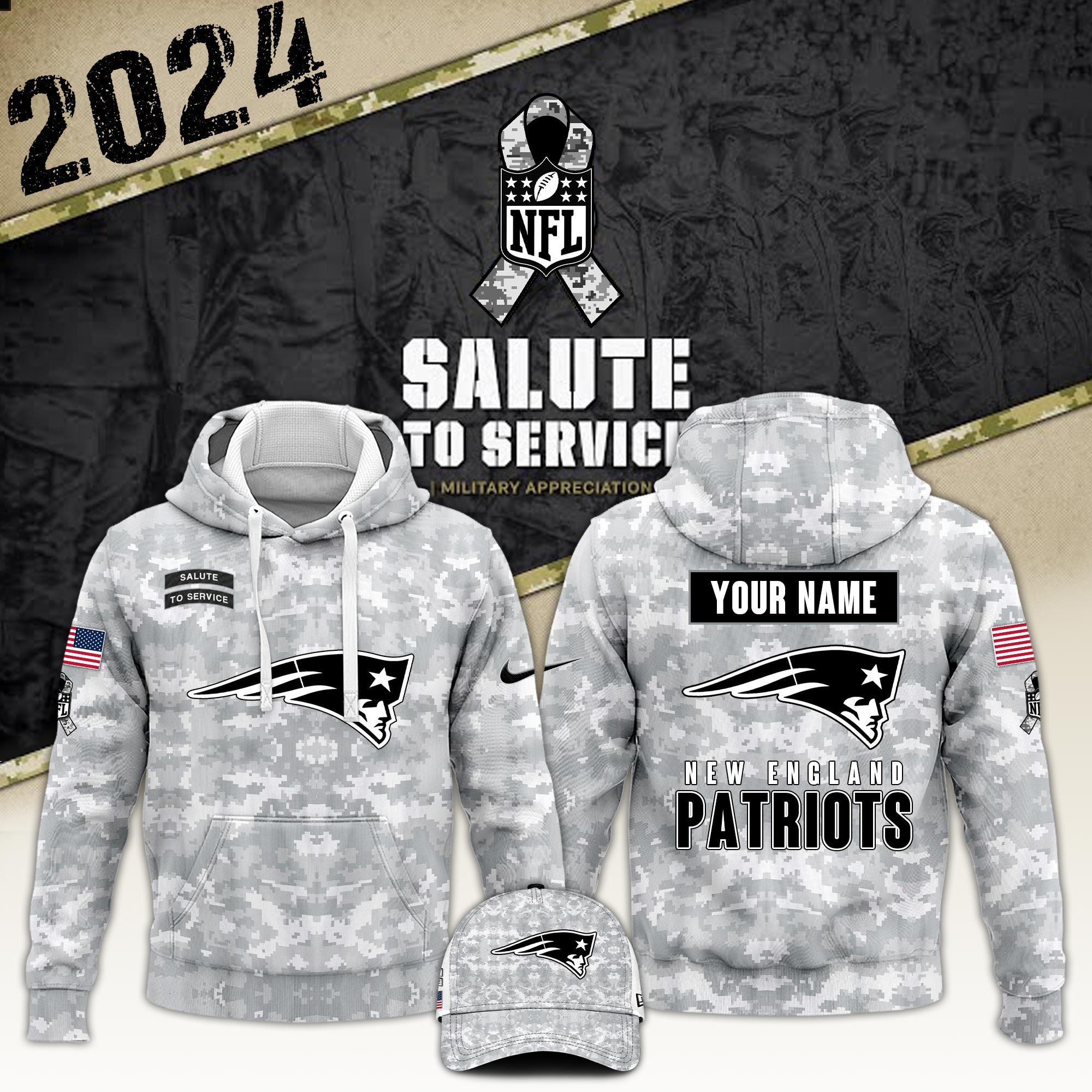 New England Patriots Nike Arctic Camo 2024 Salute to Service Club Hoodie 2024 Limited Edition