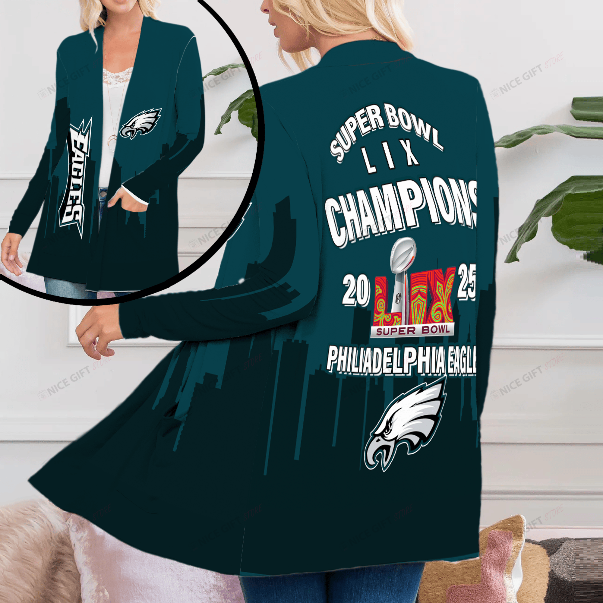 NFL Philadelphia Eagles Super Bowl Champions Women's Patch Pocket Cardigan Nicegift PPC-E1H7