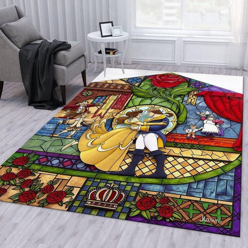 Disney Beauty and The Beast Stained Glass Area Rug Living Room And Bed Room Rug Gift Us Decor