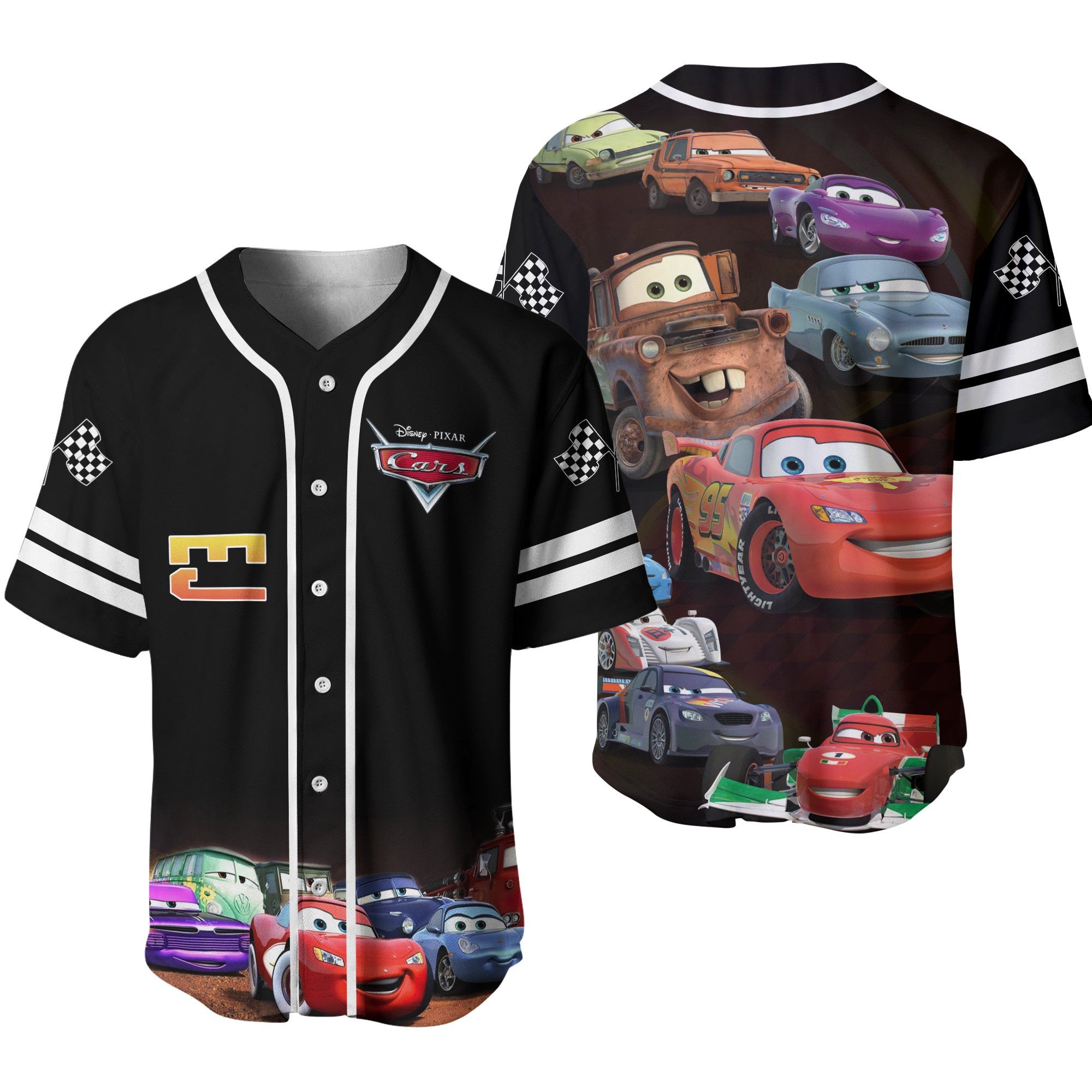 Disney Jersey Disney Lightning Mcqueen Racing Flag Cars Characters Black Jersey Shirt Disney Baseball Jersey Cars Baseball Jersey