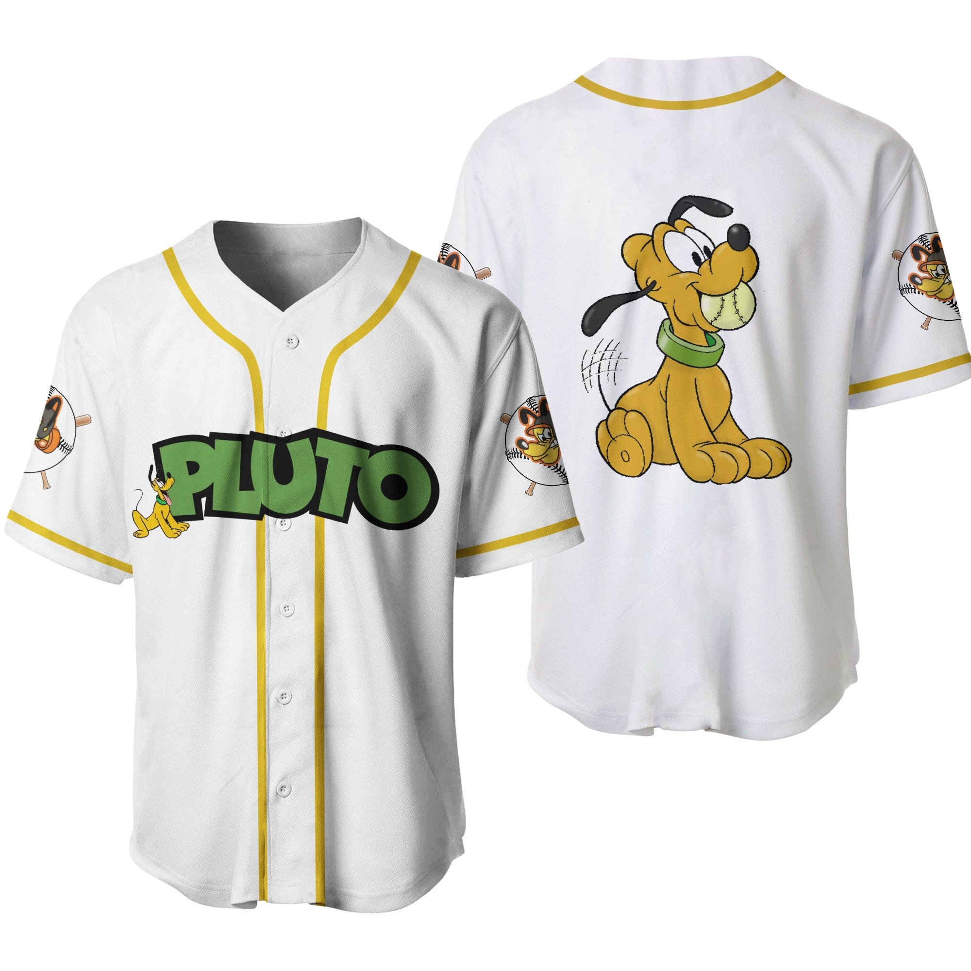Disney Jersey Disney Pluto Dog Playing With Ball Yellow White Jersey Shirt Disney Baseball Jersey Pluto Baseball Jersey